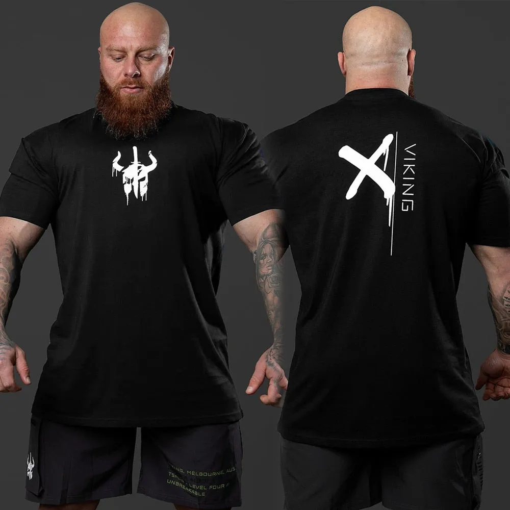 Black Cotton Print T-shirt Men Casual Short Sleeve Tee Shirt Gym Fitness Sports Tops Male Summer Bodybuilding Training Clothing