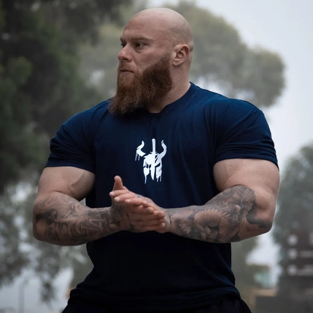 Black Cotton Print T-shirt Men Casual Short Sleeve Tee Shirt Gym Fitness Sports Tops Male Summer Bodybuilding Training Clothing