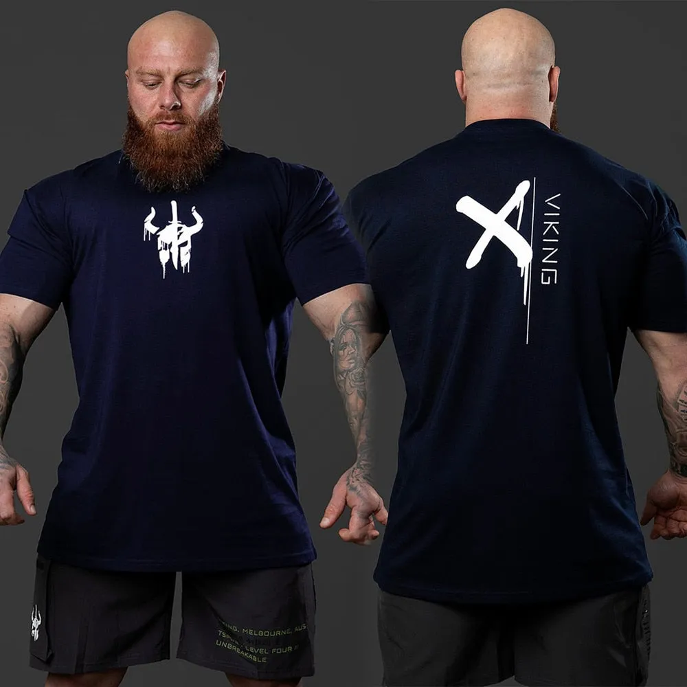 Black Cotton Print T-shirt Men Casual Short Sleeve Tee Shirt Gym Fitness Sports Tops Male Summer Bodybuilding Training Clothing