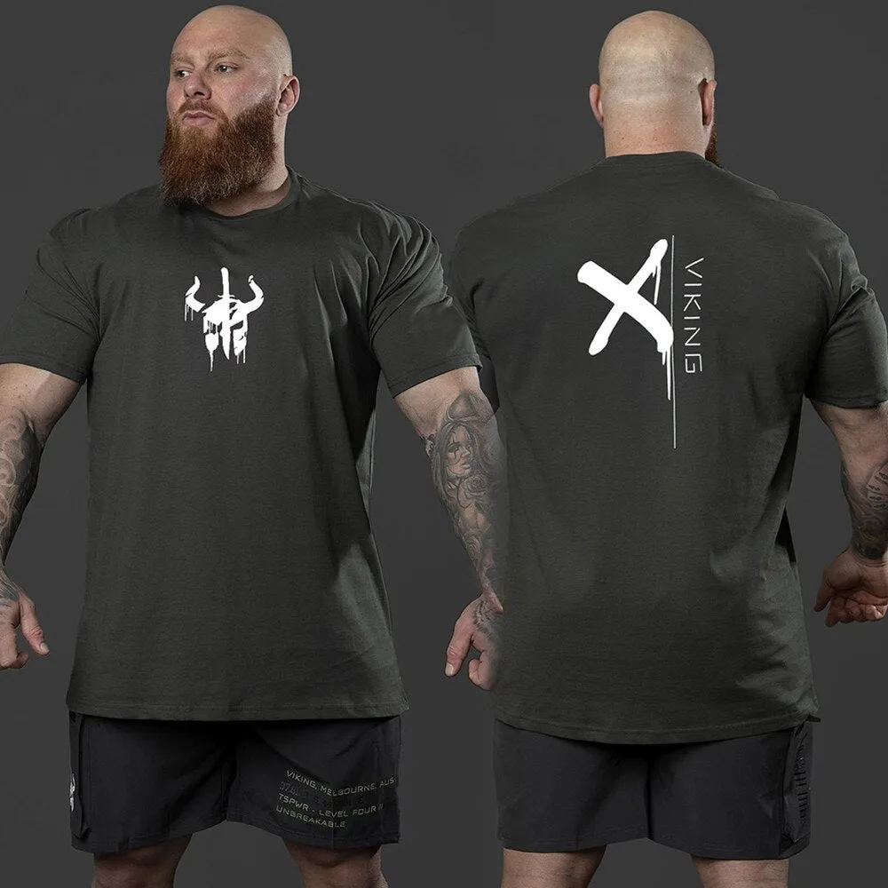 Black Cotton Print T-shirt Men Casual Short Sleeve Tee Shirt Gym Fitness Sports Tops Male Summer Bodybuilding Training Clothing
