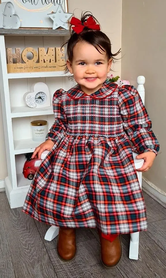 **NB only**“Noel” Tartan Check Matching Girls & Boys Smock Set