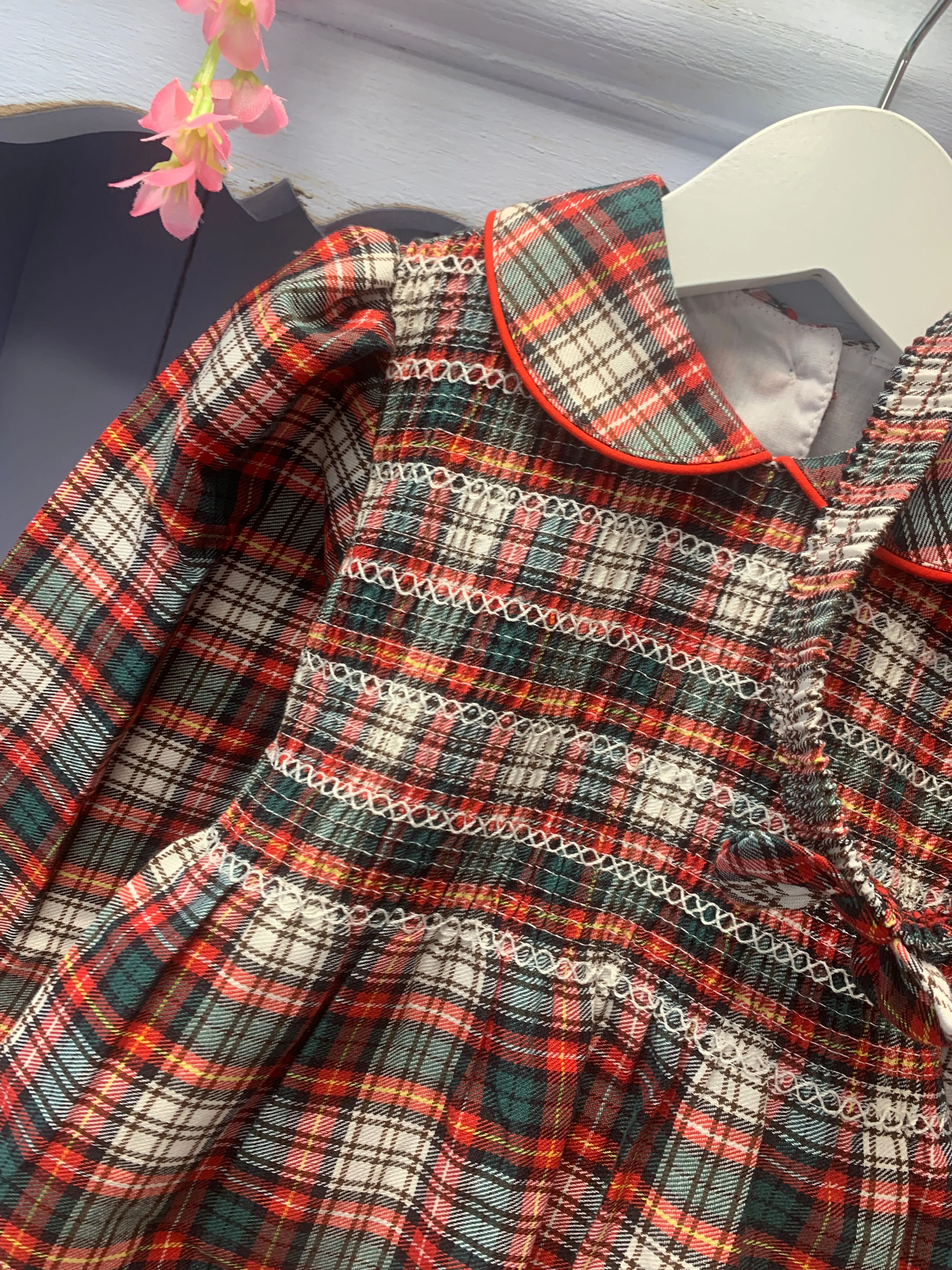 **NB only**“Noel” Tartan Check Matching Girls & Boys Smock Set