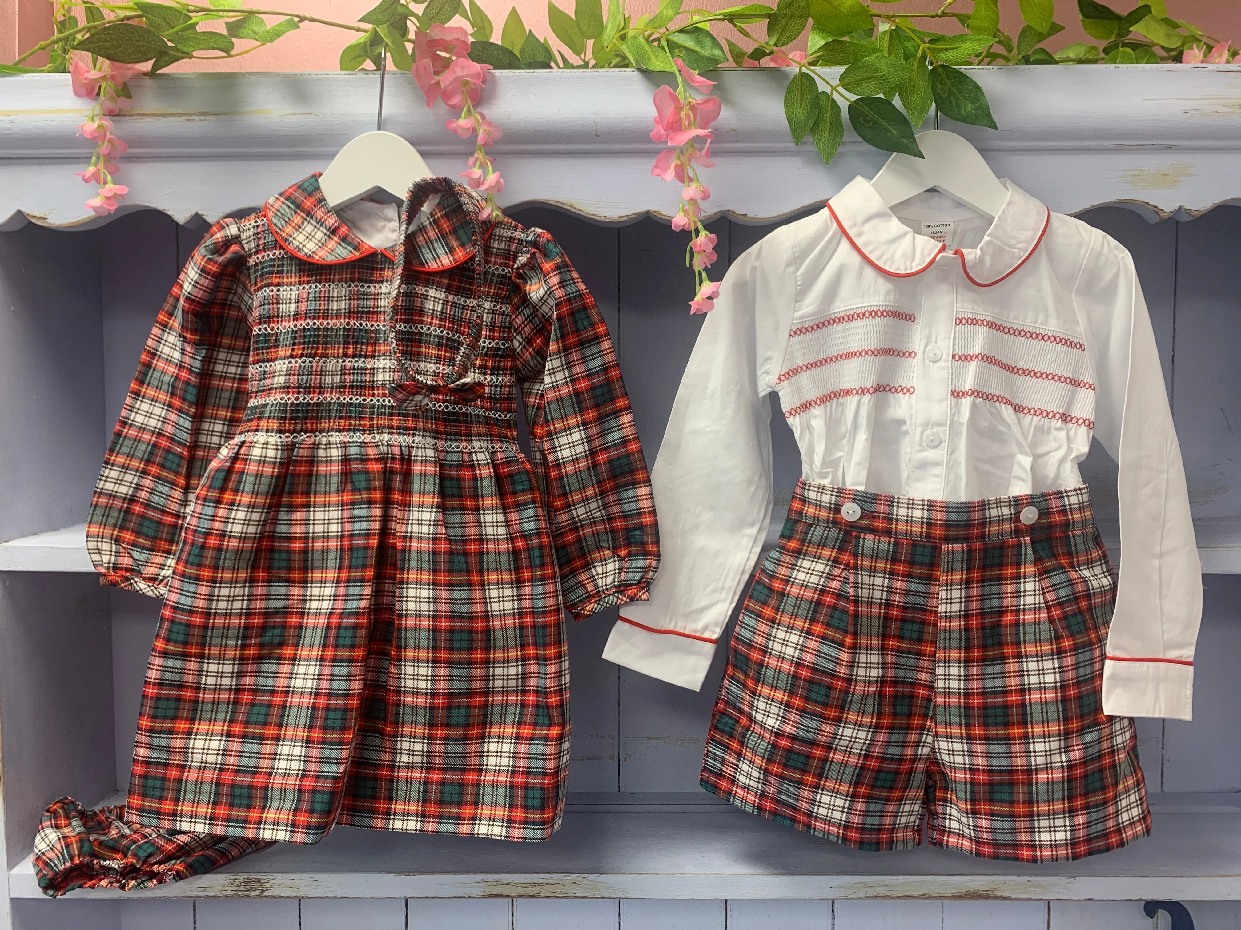 **NB only**“Noel” Tartan Check Matching Girls & Boys Smock Set